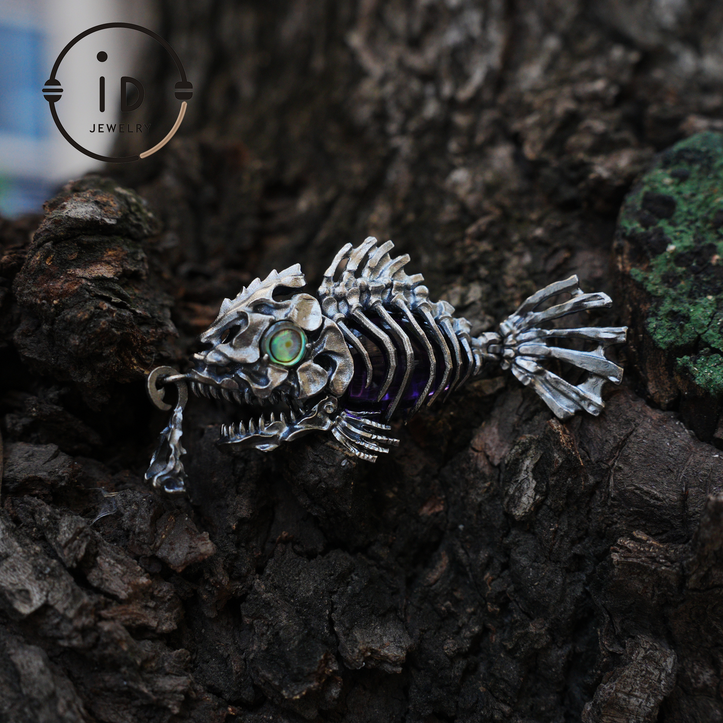 Silver fishbone pendant with amethyst and abalone eye, gothic brooch totem jewelry for him, fantasy cosplay gift accessory