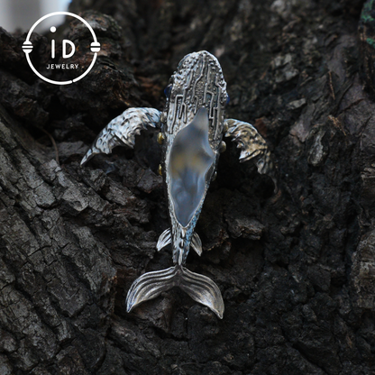 White Crystal Whale Pendant & Brooch in 925 Silver, Labradorite Totem Jewelry Gothic Style, Gift for Her Christmas