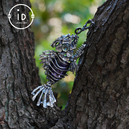 Silver fishbone pendant with amethyst and abalone eye, gothic brooch totem jewelry for him, fantasy cosplay gift accessory