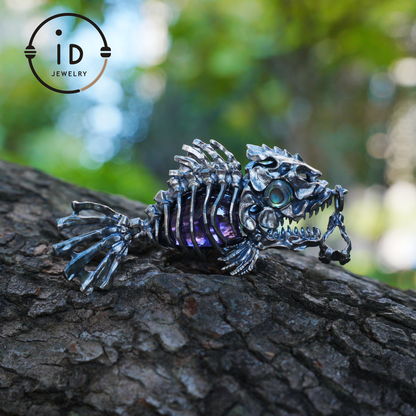 Silver fishbone pendant with amethyst and abalone eye, gothic brooch totem jewelry for him, fantasy cosplay gift accessory