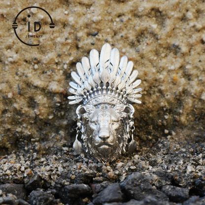 Handcrafted Lion Head Pendant in Oxidized 925 Silver with Feather Crown in Tribal Style, Bold Gift for Men, Women, Spiritual Wear
