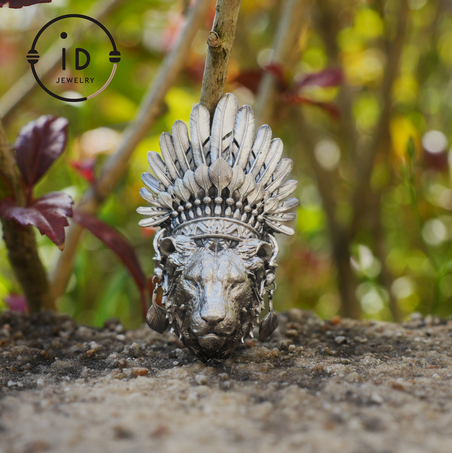 Handcrafted Lion Head Pendant in Oxidized 925 Silver with Feather Crown in Tribal Style, Bold Gift for Men, Women, Spiritual Wear