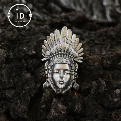 Handcrafted Face Pendant in Oxidized 925 Silver with Feather Crown | Tribal & Gothic Style | Gift for Women | Statement Jewelry