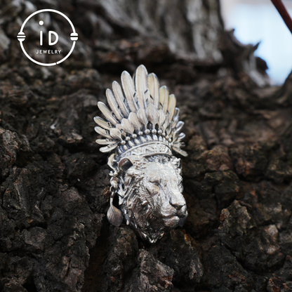 Handcrafted Lion Head Pendant in Oxidized 925 Silver with Feather Crown in Tribal Style, Bold Gift for Men, Women, Spiritual Wear