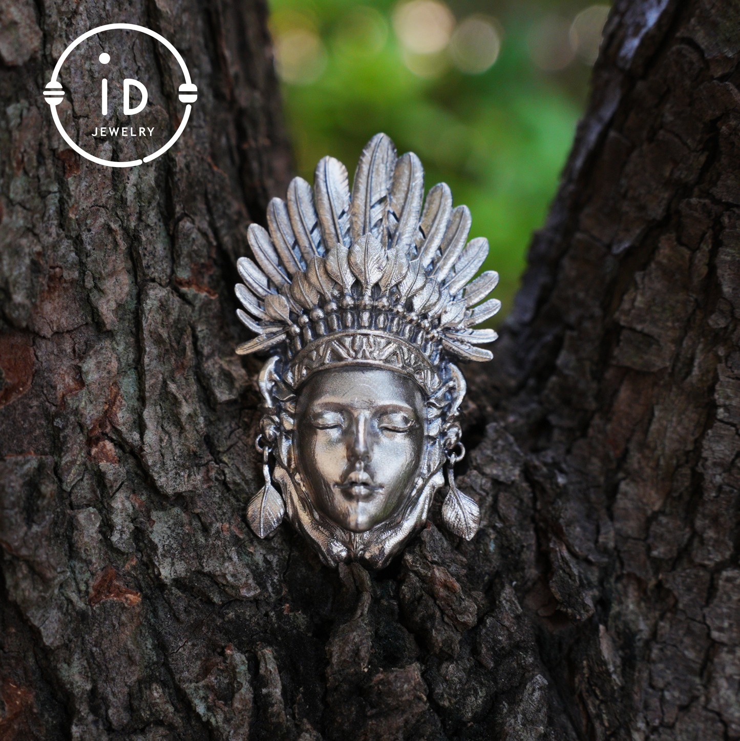 Handcrafted Face Pendant in Oxidized 925 Silver with Feather Crown | Tribal & Gothic Style | Gift for Women | Statement Jewelry