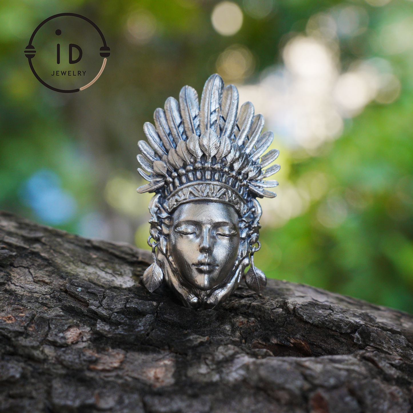 Handcrafted Face Pendant in Oxidized 925 Silver with Feather Crown | Tribal & Gothic Style | Gift for Women | Statement Jewelry