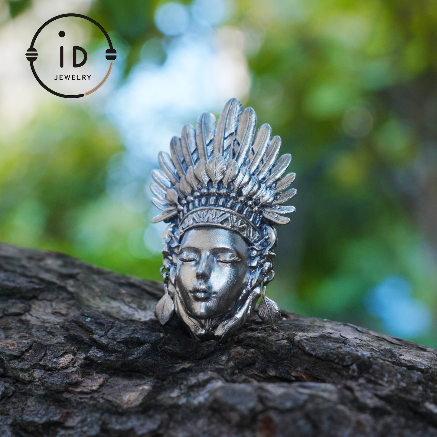 Handcrafted Face Pendant in Oxidized 925 Silver with Feather Crown | Tribal & Gothic Style | Gift for Women | Statement Jewelry