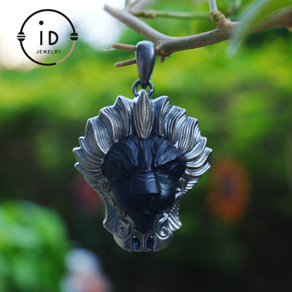 Lion Pendant in 925 Silver with Hand Carved Black Jade, Totem Style Fantasy Necklace, Symbolic Jewelry Gift for Men and Women