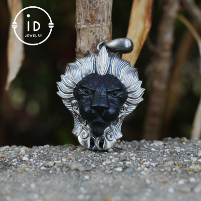 Lion Pendant in 925 Silver with Hand Carved Black Jade, Totem Style Fantasy Necklace, Symbolic Jewelry Gift for Men and Women