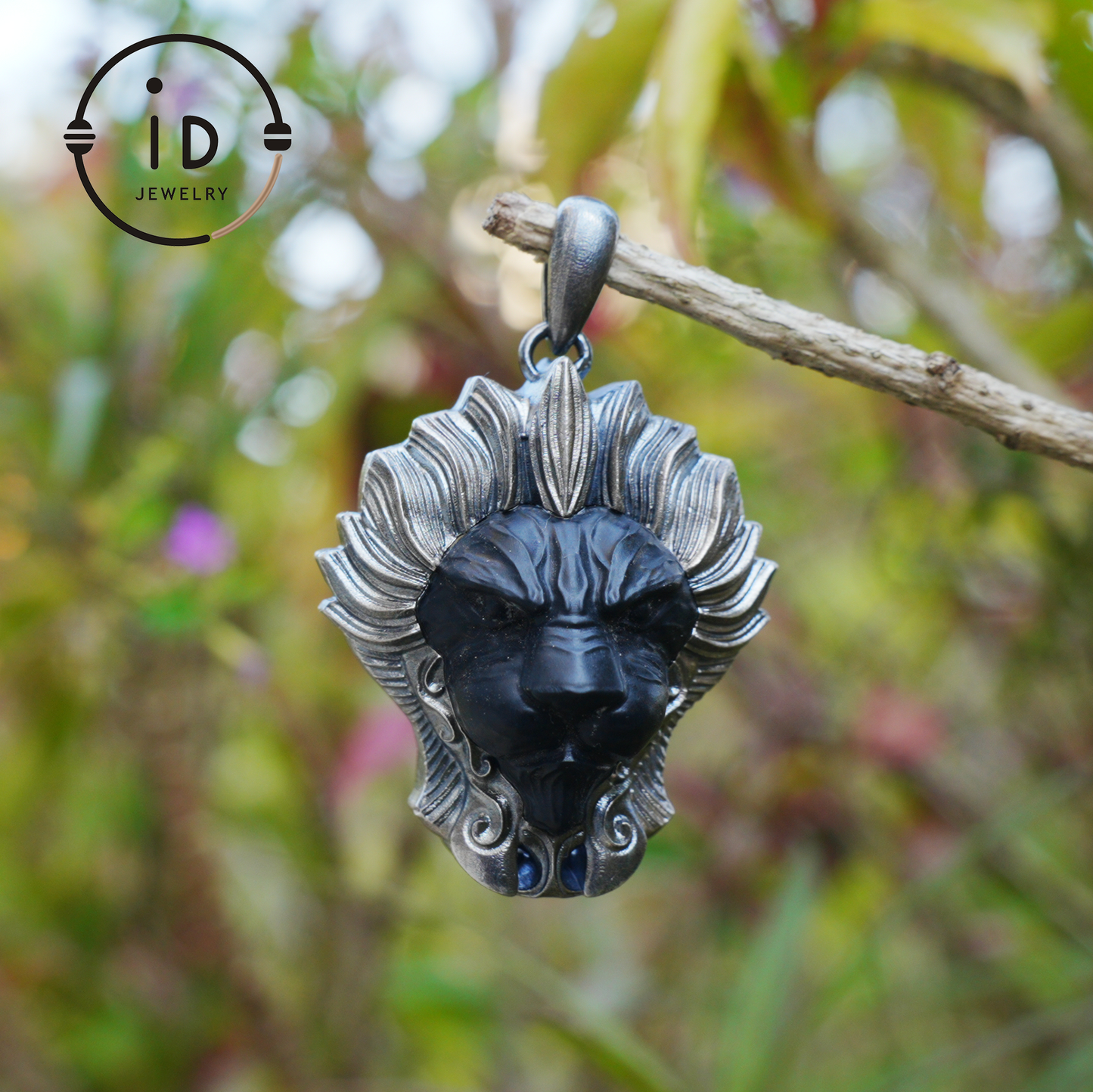 Lion Pendant in 925 Silver with Hand Carved Black Jade, Totem Style Fantasy Necklace, Symbolic Jewelry Gift for Men and Women