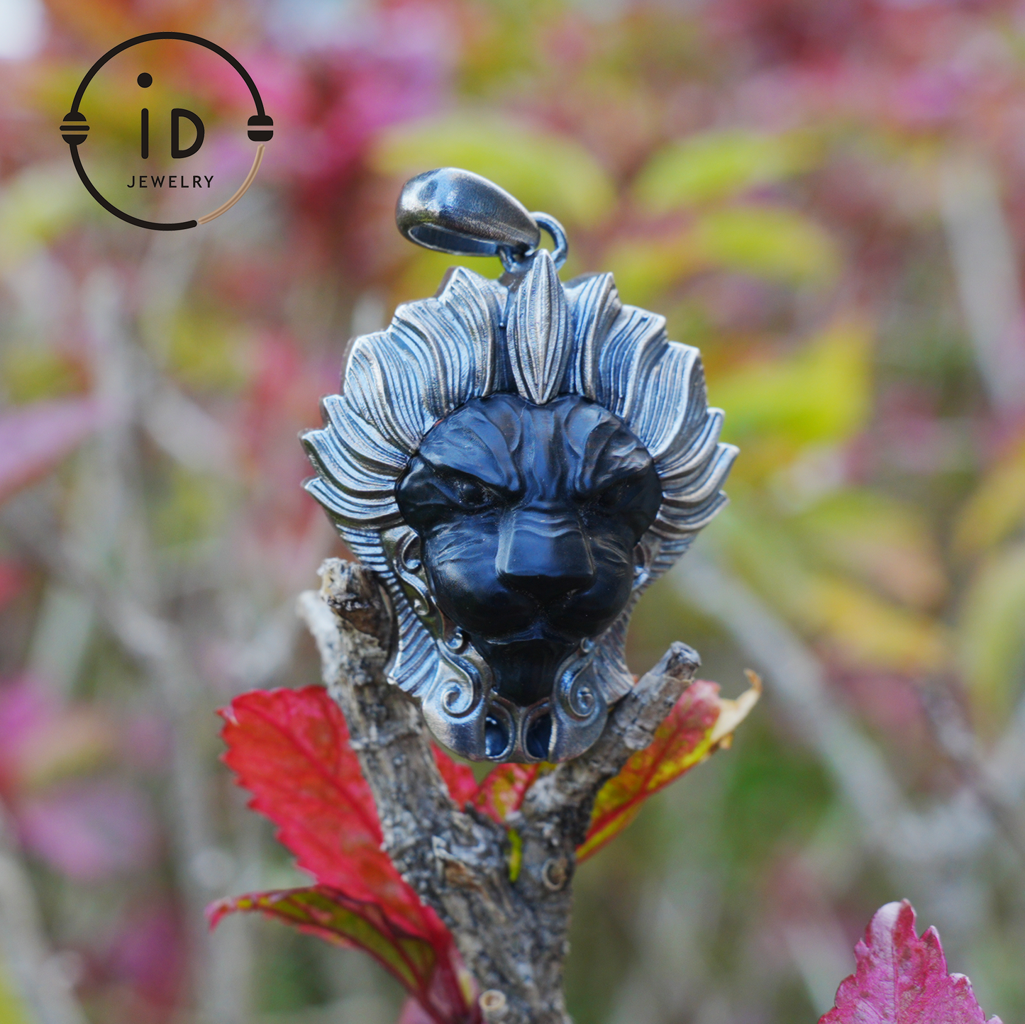 Lion Pendant in 925 Silver with Hand Carved Black Jade, Totem Style Fantasy Necklace, Symbolic Jewelry Gift for Men and Women