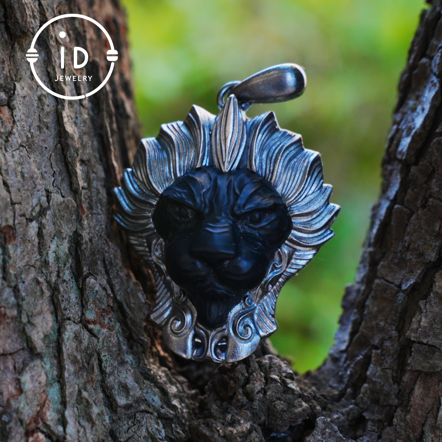 Lion Pendant in 925 Silver with Hand Carved Black Jade, Totem Style Fantasy Necklace, Symbolic Jewelry Gift for Men and Women