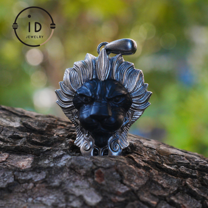 Lion Pendant in 925 Silver with Hand Carved Black Jade, Totem Style Fantasy Necklace, Symbolic Jewelry Gift for Men and Women