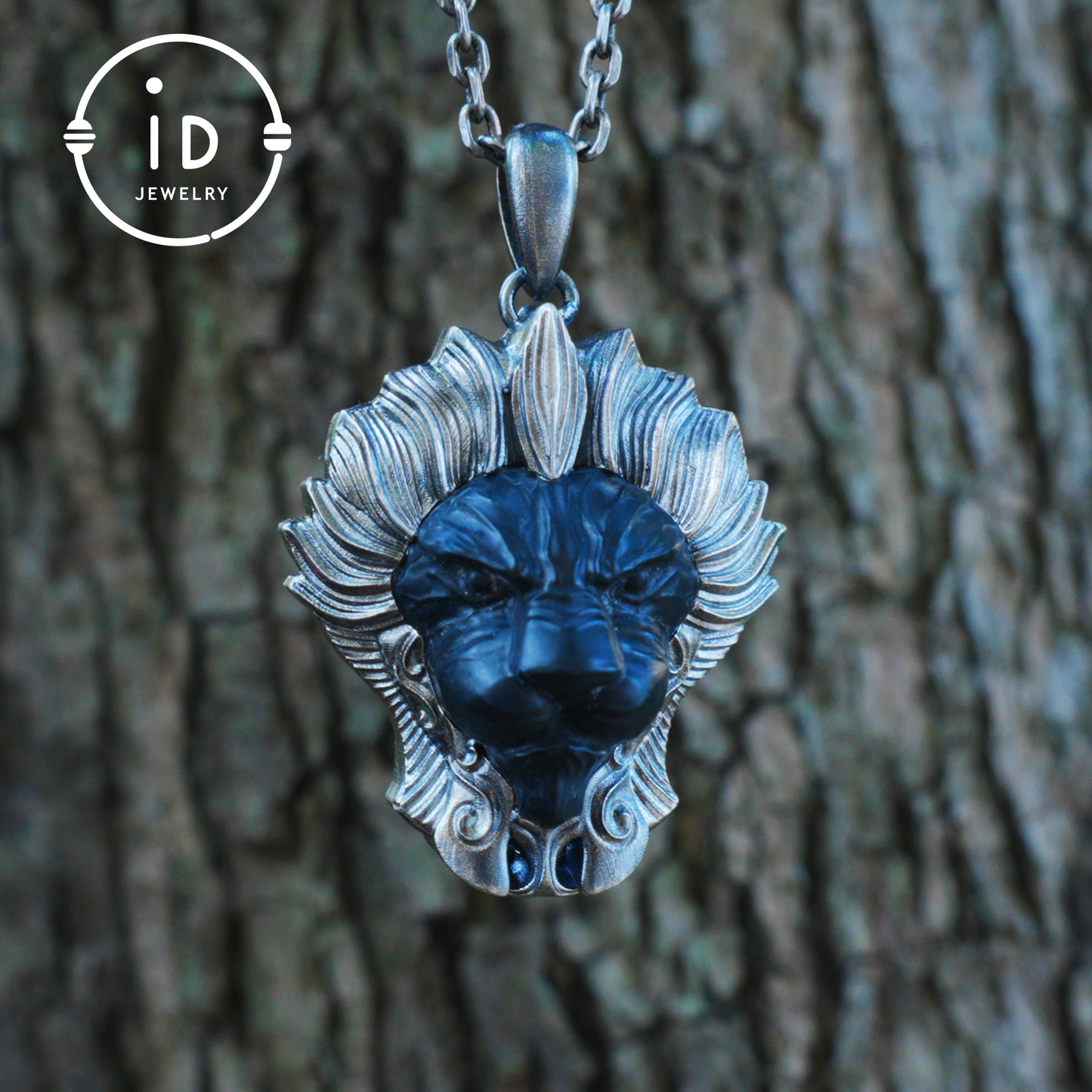 Lion Pendant in 925 Silver with Hand Carved Black Jade, Totem Style Fantasy Necklace, Symbolic Jewelry Gift for Men and Women