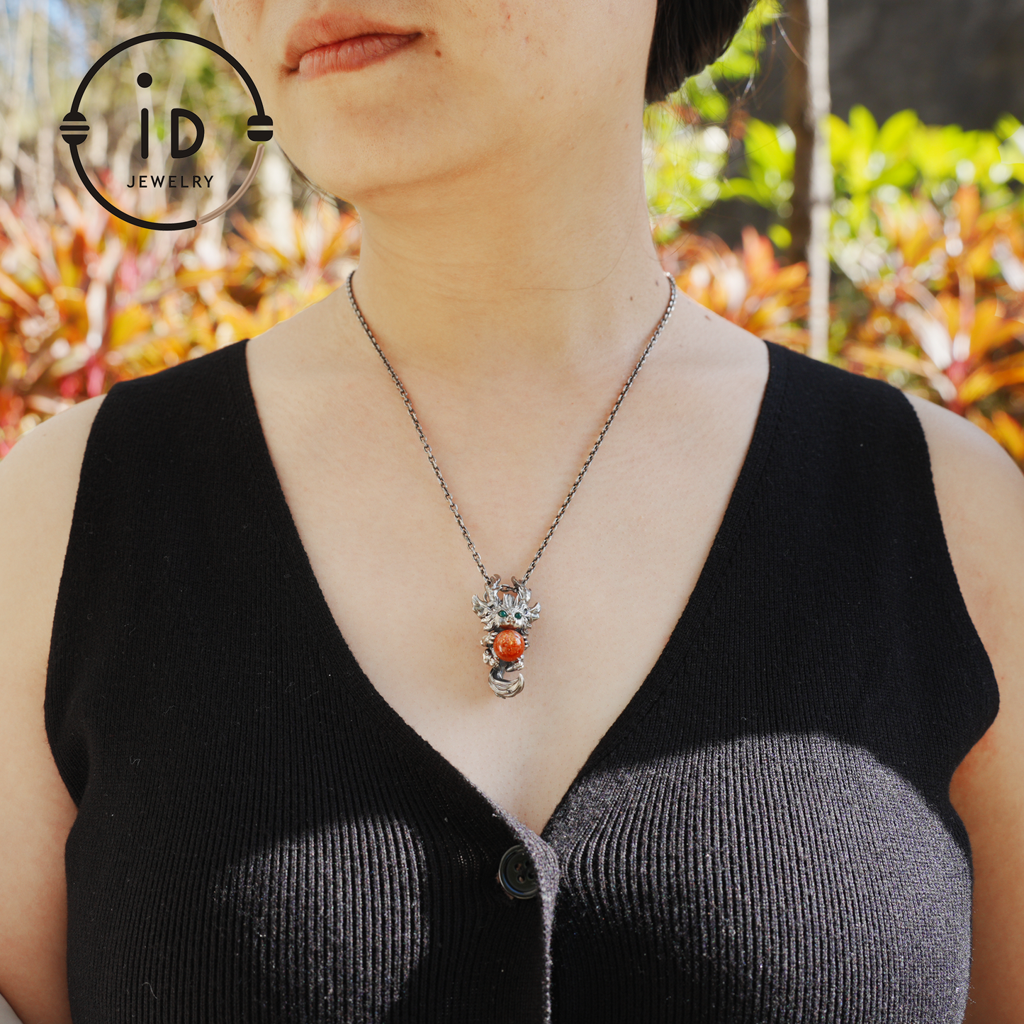 Silver Sunstone Pendant with Oxidized 925 Sterling, Fantasy Totem Necklace for Her, Vintage Gothic Jewelry, Christmas Birthday Gift, Large Gemstone Talisman