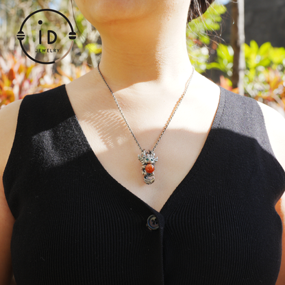 Silver Sunstone Pendant with Oxidized 925 Sterling, Fantasy Totem Necklace for Her, Vintage Gothic Jewelry, Christmas Birthday Gift, Large Gemstone Talisman