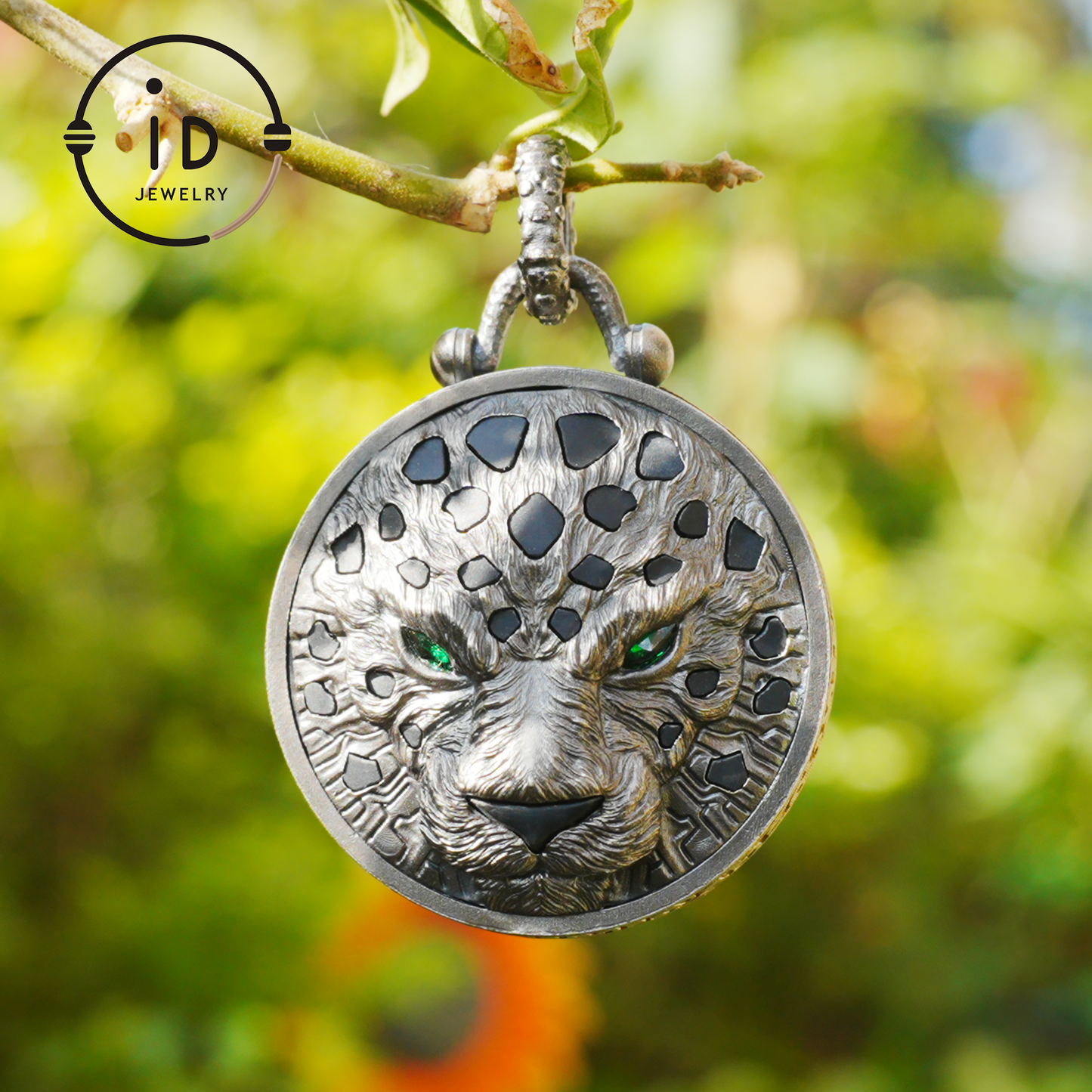 Sterling Silver Leopard Head Pendant with Black Jade, Green Zircon Eyes and Lapis Lazuli, Gothic Totem Necklace Gift for Men