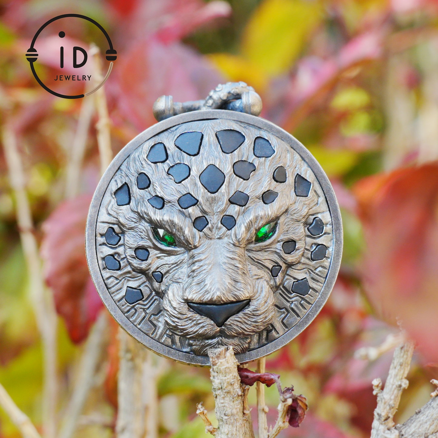 Sterling Silver Leopard Head Pendant with Black Jade, Green Zircon Eyes and Lapis Lazuli, Gothic Totem Necklace Gift for Men