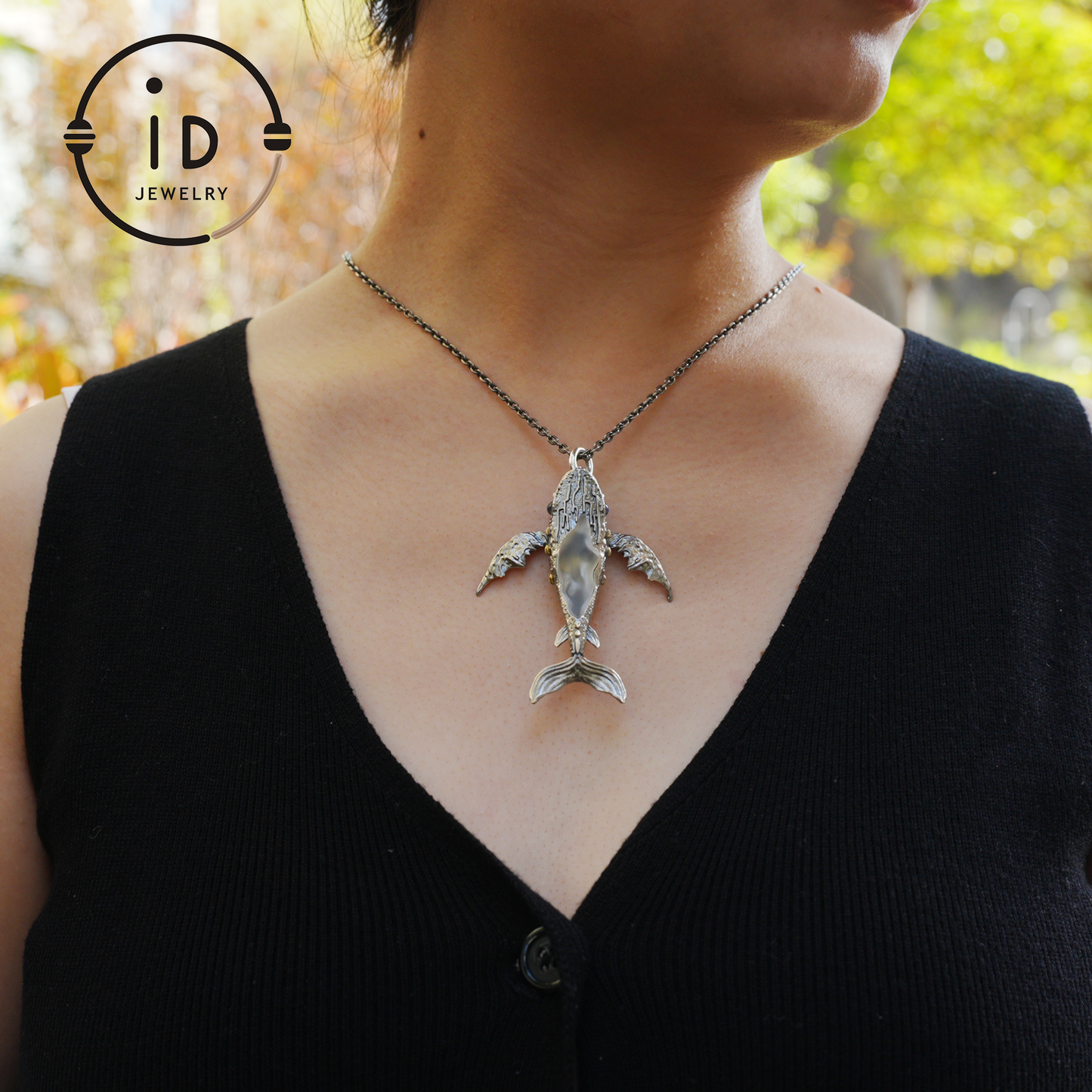 White Crystal Whale Pendant & Brooch in 925 Silver, Labradorite Totem Jewelry Gothic Style, Gift for Her Christmas