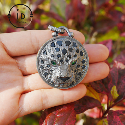 Sterling Silver Leopard Head Pendant with Black Jade, Green Zircon Eyes and Lapis Lazuli, Gothic Totem Necklace Gift for Men
