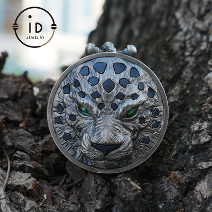 Sterling Silver Leopard Head Pendant with Black Jade, Green Zircon Eyes and Lapis Lazuli, Gothic Totem Necklace Gift for Men