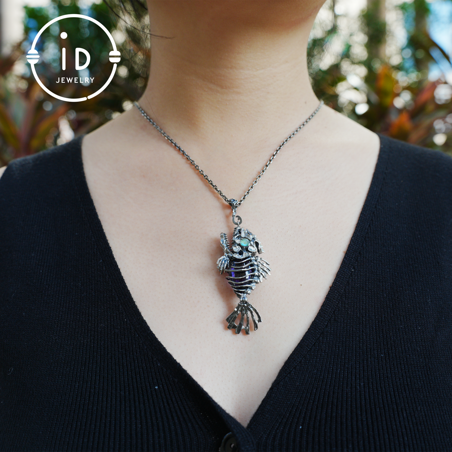 Silver fishbone pendant with amethyst and abalone eye, gothic brooch totem jewelry for him, fantasy cosplay gift accessory