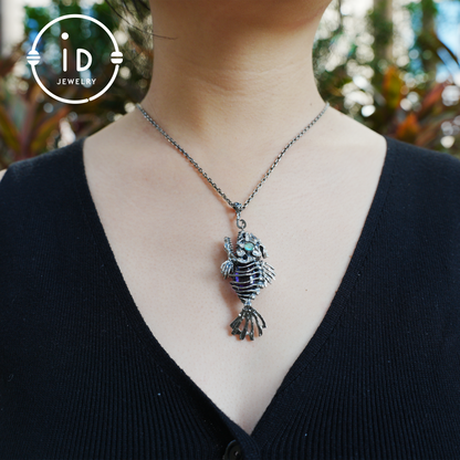 Silver fishbone pendant with amethyst and abalone eye, gothic brooch totem jewelry for him, fantasy cosplay gift accessory