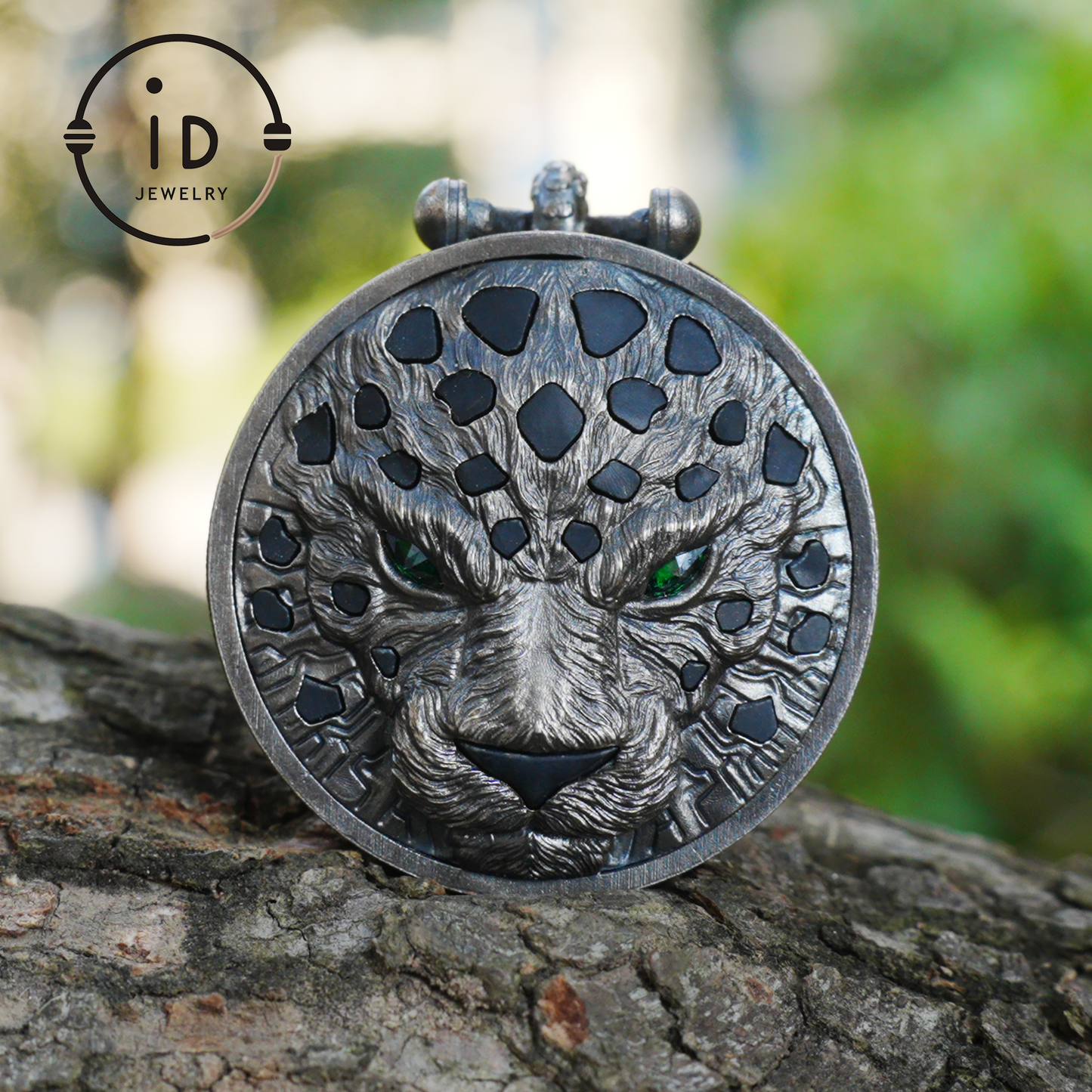 Sterling Silver Leopard Head Pendant with Black Jade, Green Zircon Eyes and Lapis Lazuli, Gothic Totem Necklace Gift for Men