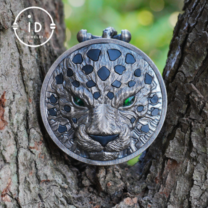 Sterling Silver Leopard Head Pendant with Black Jade, Green Zircon Eyes and Lapis Lazuli, Gothic Totem Necklace Gift for Men
