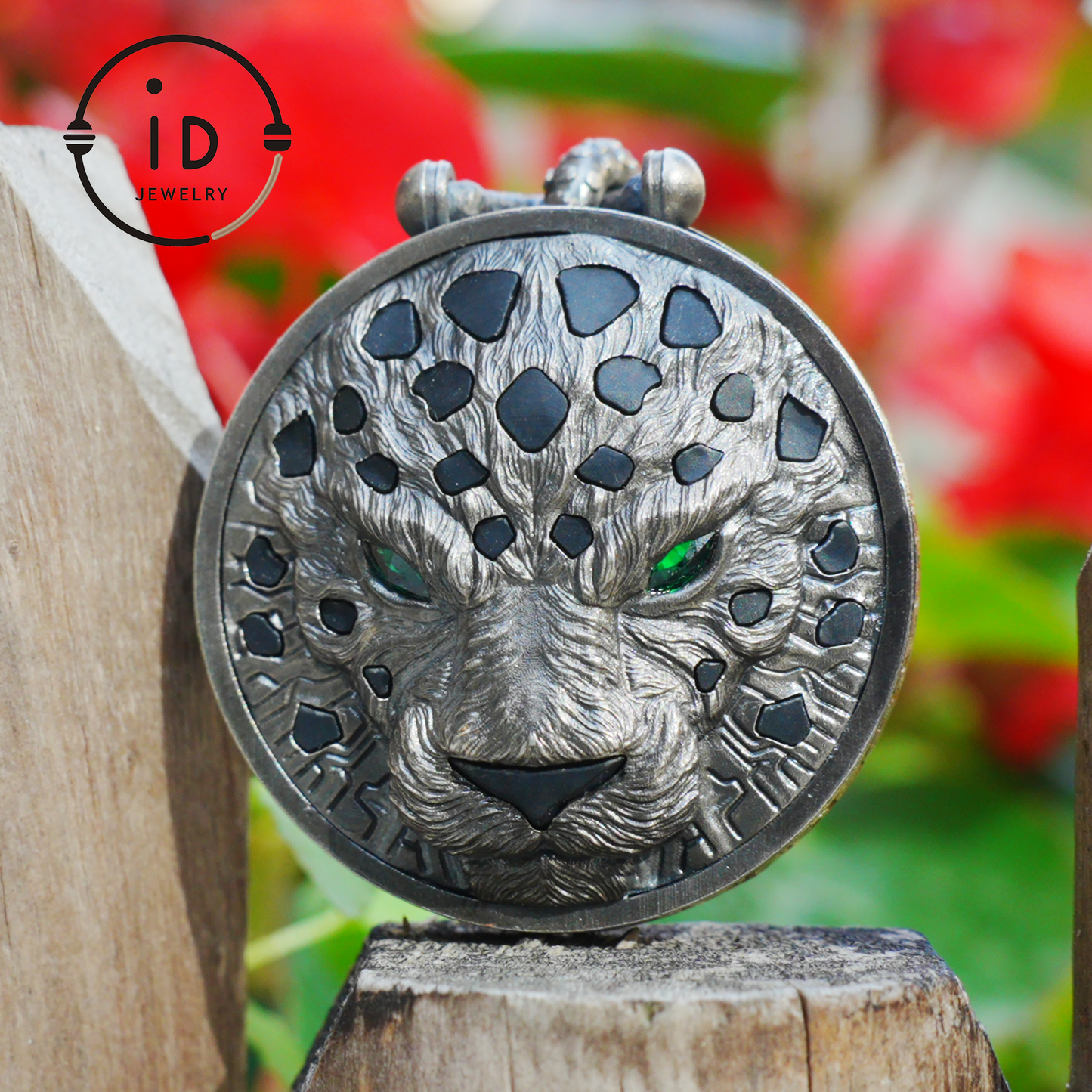 Sterling Silver Leopard Head Pendant with Black Jade, Green Zircon Eyes and Lapis Lazuli, Gothic Totem Necklace Gift for Men