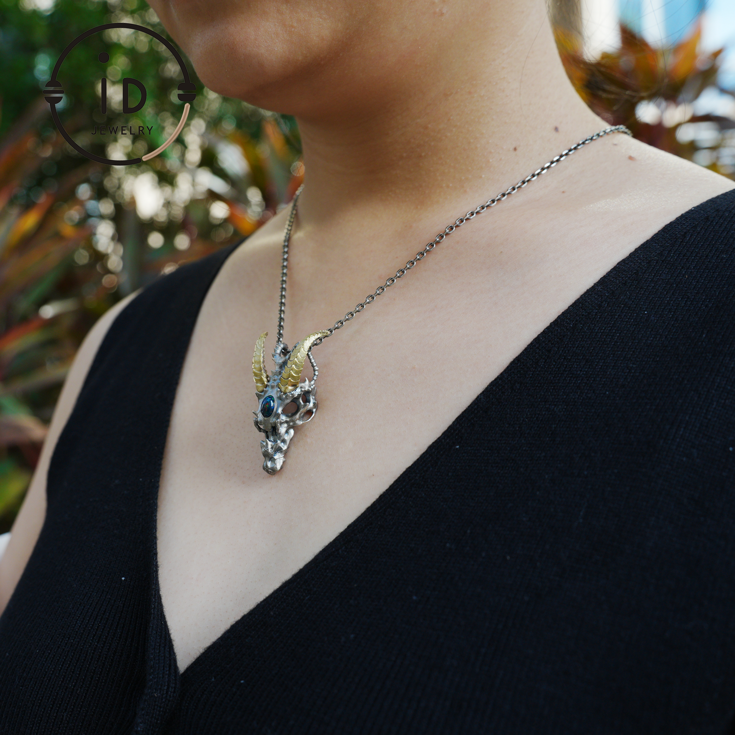 Sterling silver pendant with opal eye dragon head and golden horns in gothic totem style gift for him or fantasy lovers