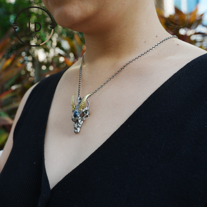 Sterling silver pendant with opal eye dragon head and golden horns in gothic totem style gift for him or fantasy lovers