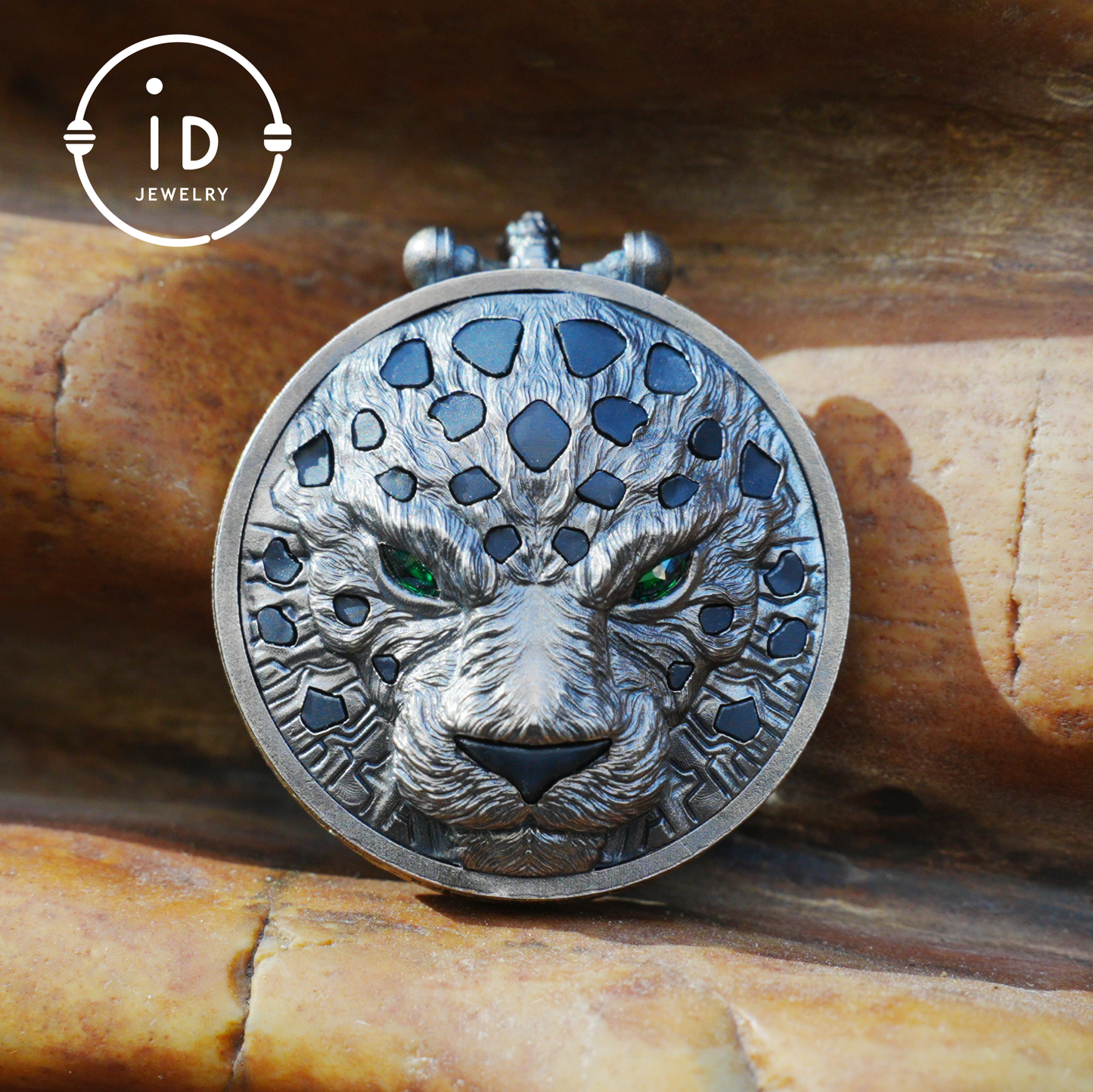 Sterling Silver Leopard Head Pendant with Black Jade, Green Zircon Eyes and Lapis Lazuli, Gothic Totem Necklace Gift for Men