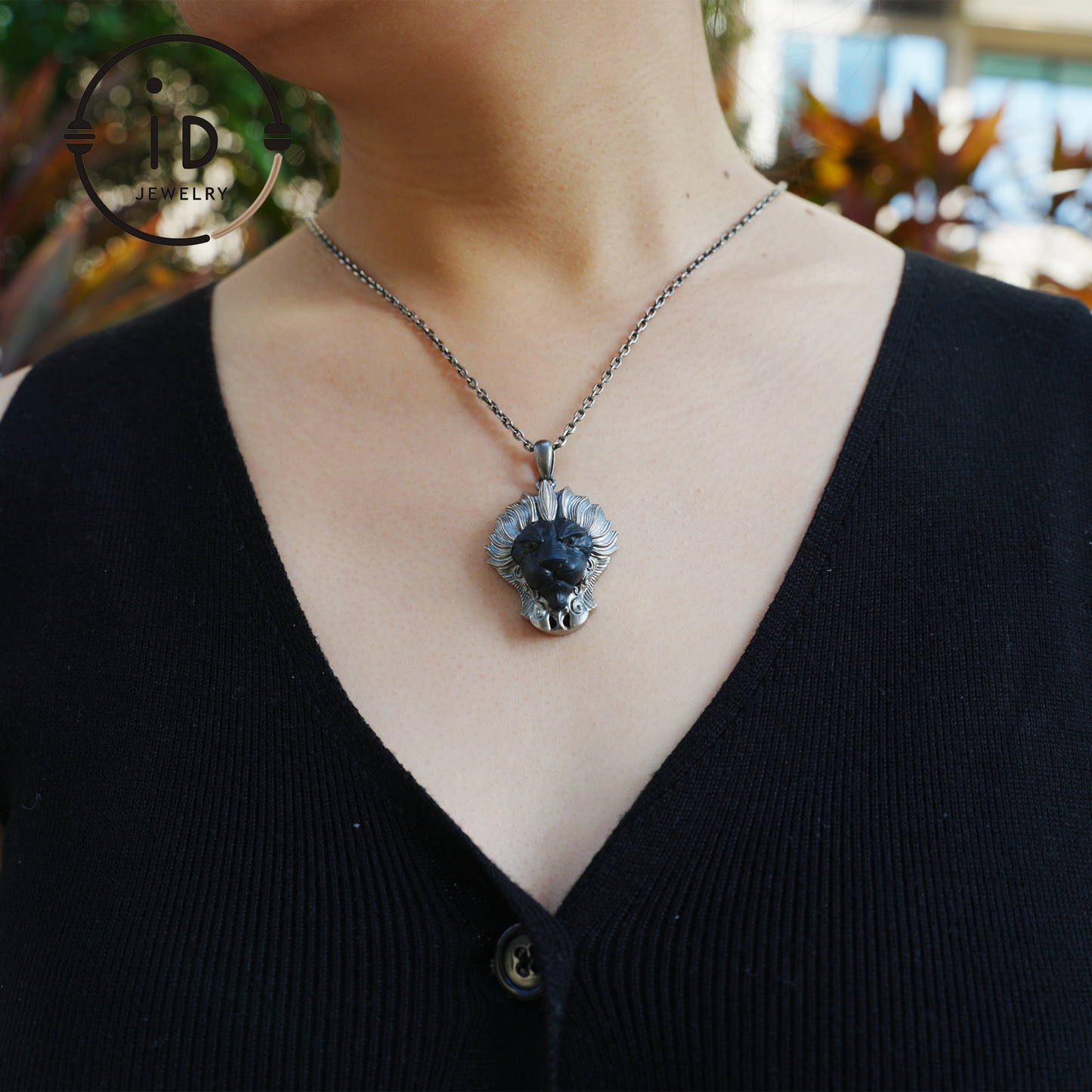 Lion Pendant in 925 Silver with Hand Carved Black Jade, Totem Style Fantasy Necklace, Symbolic Jewelry Gift for Men and Women