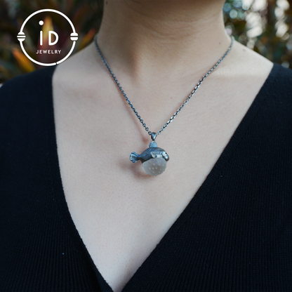 Pufferfish Pendant in White Crystal and 925 Silver, Oxidized, Animal Figurine Jewelry in Fairytale Style, Gift for Her or Decor