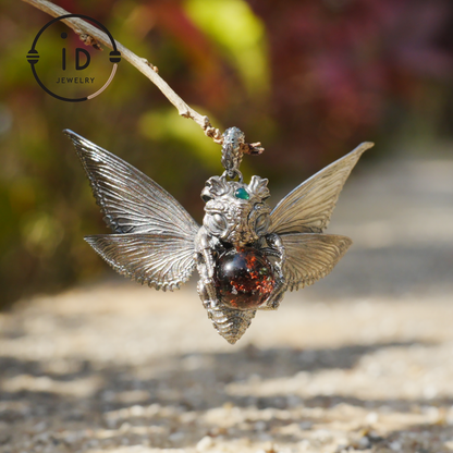 Silver Moth Pendant with Phantom Quartz, Green Zirconia and Natural Stone, Handcrafted Gothic Fantasy Jewelry Gift for Women