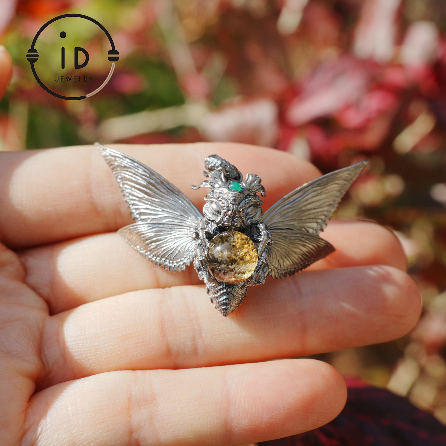 Silver Moth Pendant with Phantom Quartz, Green Zirconia and Natural Stone, Handcrafted Gothic Fantasy Jewelry Gift for Women