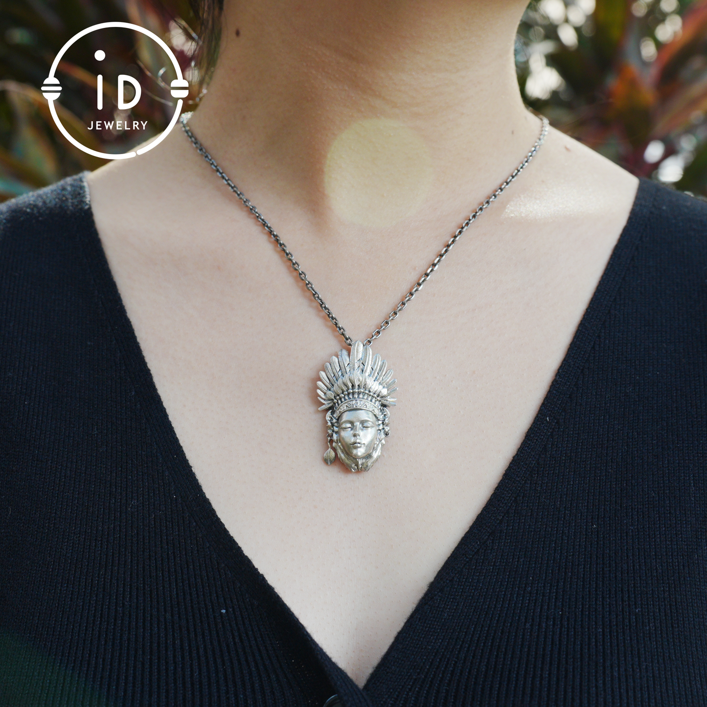 Handcrafted Face Pendant in Oxidized 925 Silver with Feather Crown | Tribal & Gothic Style | Gift for Women | Statement Jewelry