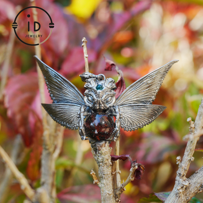 Silver Moth Pendant with Phantom Quartz, Green Zirconia and Natural Stone, Handcrafted Gothic Fantasy Jewelry Gift for Women