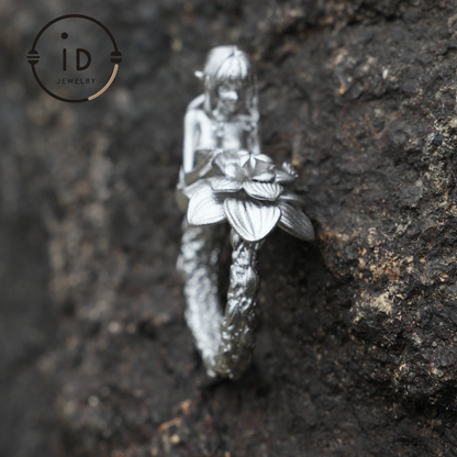 Vintage Feenring mit Blume | Handgefertigter Fantasy-Schmuck | Elegantes Design mit 925er Silber &amp; Phantomstein