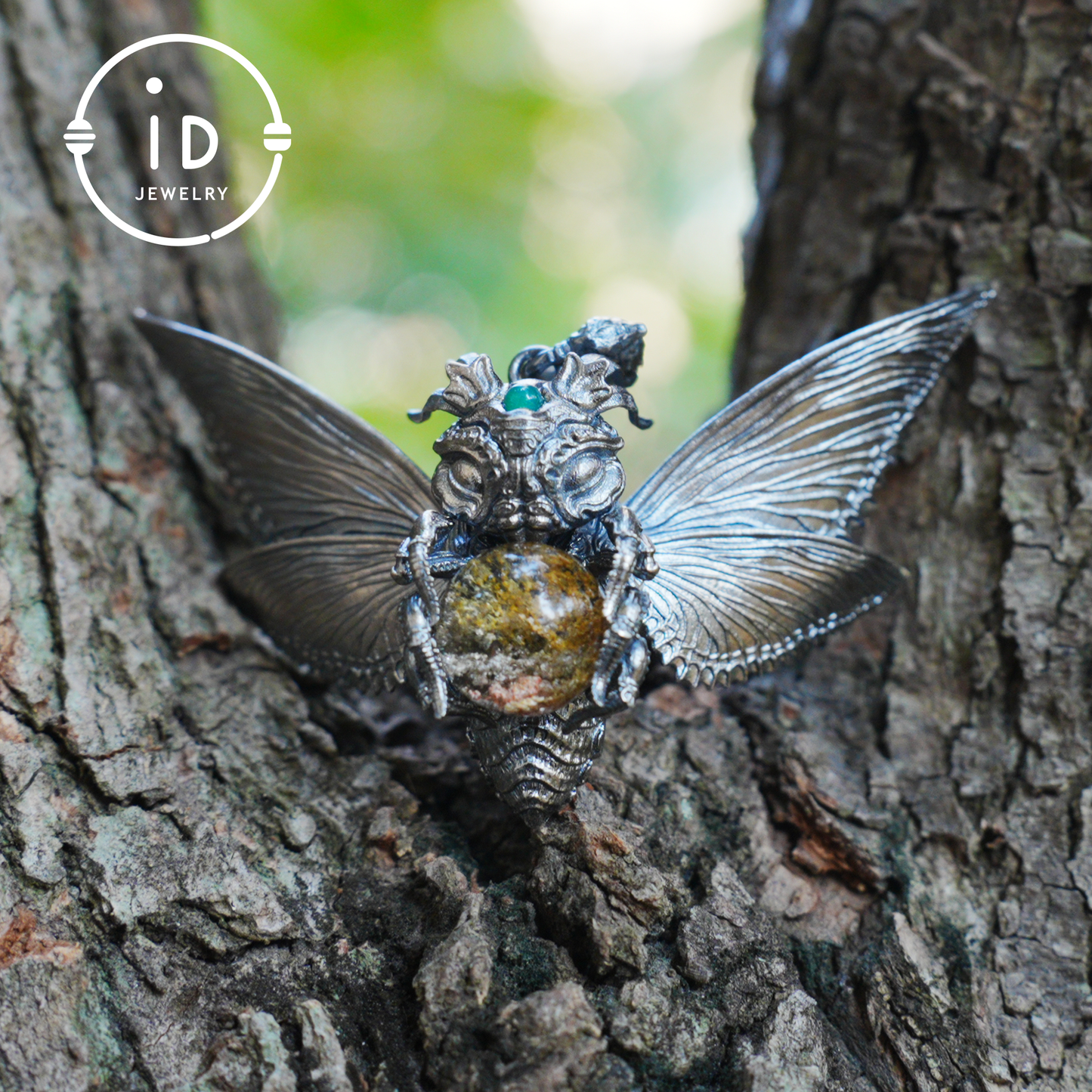Silver Moth Pendant with Phantom Quartz, Green Zirconia and Natural Stone, Handcrafted Gothic Fantasy Jewelry Gift for Women