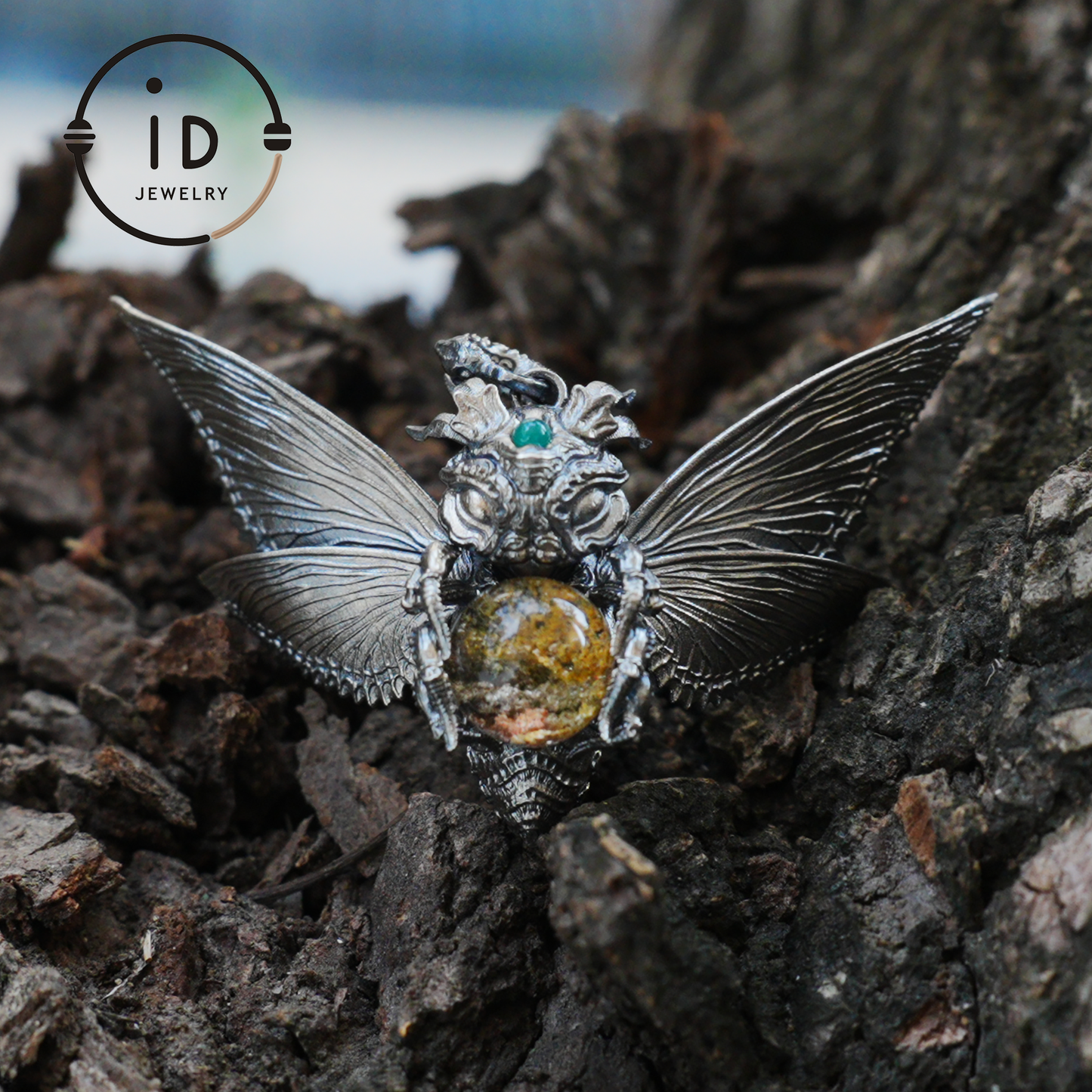 Silver Moth Pendant with Phantom Quartz, Green Zirconia and Natural Stone, Handcrafted Gothic Fantasy Jewelry Gift for Women