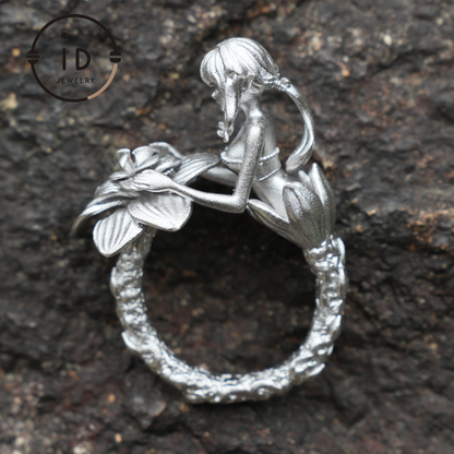 Vintage Feenring mit Blume | Handgefertigter Fantasy-Schmuck | Elegantes Design mit 925er Silber &amp; Phantomstein