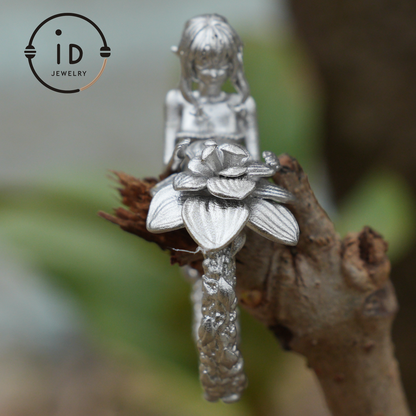 Vintage Feenring mit Blume | Handgefertigter Fantasy-Schmuck | Elegantes Design mit 925er Silber &amp; Phantomstein