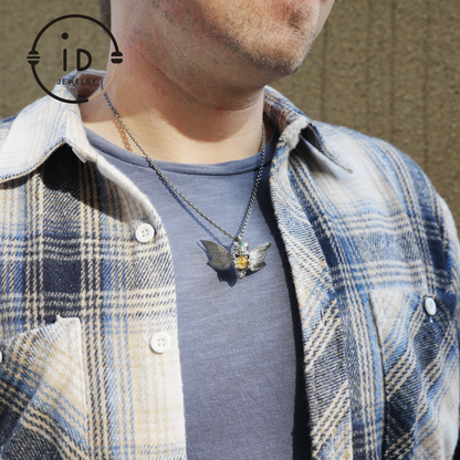 Silver Moth Pendant with Phantom Quartz, Green Zirconia and Natural Stone, Handcrafted Gothic Fantasy Jewelry Gift for Women