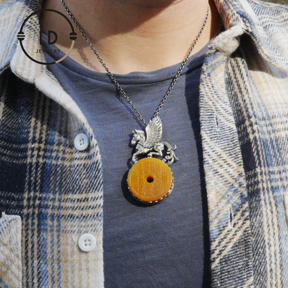 925 Silver Winged Horse Pendant with Yellow Jade and Chinese Calligraphy, Unique Chinese Design, Symbol of Freedom, Perfect Gift for Her