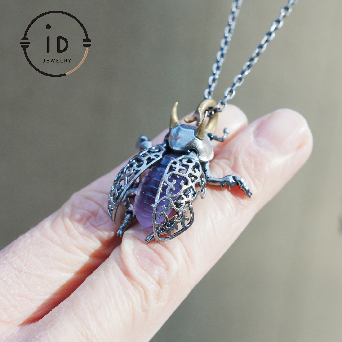 Gothic Amethyst Pendant with Movable Wings and Legs, Insect Jewelry in 925 Silver, Vintage Totem Necklace Gift for Her