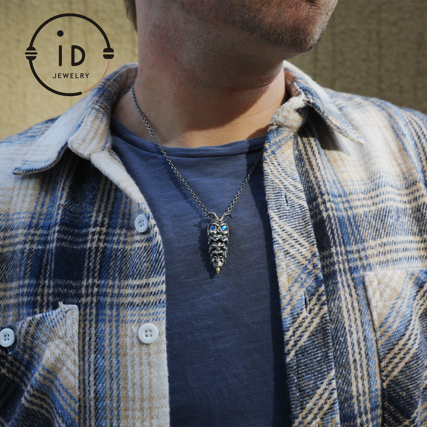 Labradorite Pendant in Silver Insect Form, Handmade Talisman with Movable Body, Gothic Jewelry Gift for Men