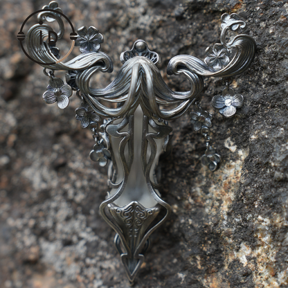 Goddess Flower Pendant Brooch | Handmade Jewelry with Onyx and Garnet | Elegant 925 Silver Design