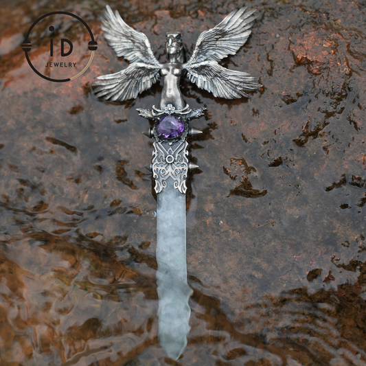Guardian Wings Angel Pendant Brooch | 925 Silver Jewelry with Jade and Amethyst | Elegant Fantasy Jewelry with Wings